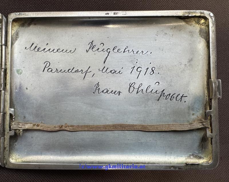 k.u.k. Zigarettentabatiere k.u.k. Luftfahrtruppe - Beobachter u. Feldpilot Oblt. Chlup Franz ! Flek 7 Parndorf!!