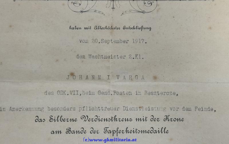 Verleihungsurkunde Silbernes Verdienstkreuz mit Krone - WM Johann Varga - Gend. Posten Besztercze!!
