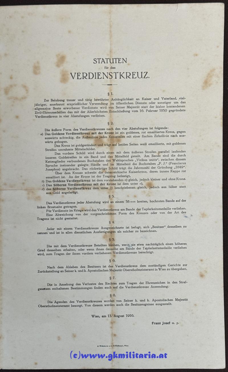 Verleihungsurkunde Silbernes Verdienstkreuz mit Krone - WM Johann Varga - Gend. Posten Besztercze!!