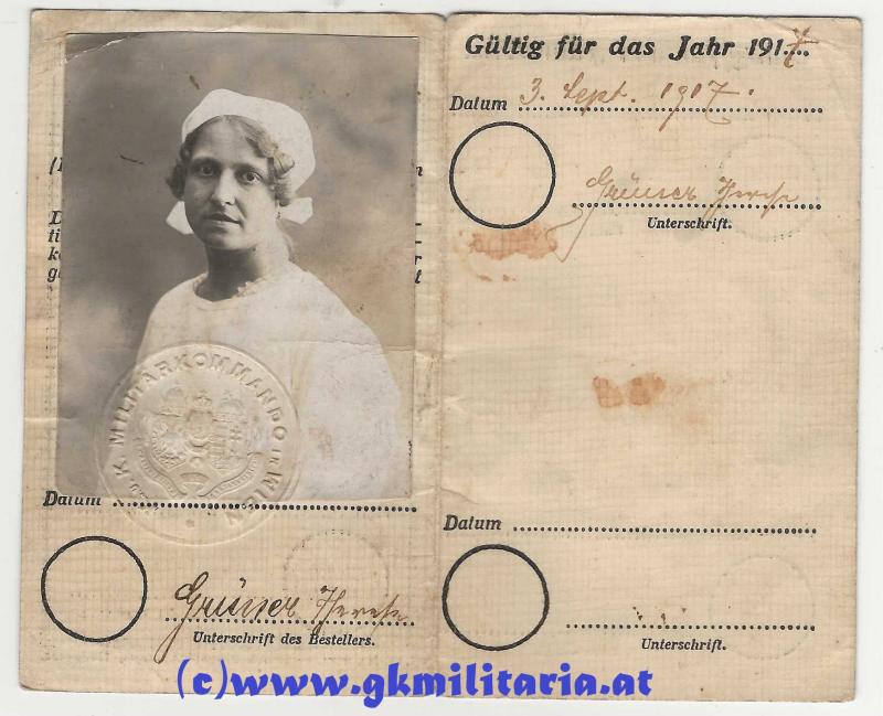 k.u.k. Identitätskarte Krankenschwester Therese Grüner - Feldpost 518 - Brasso!!