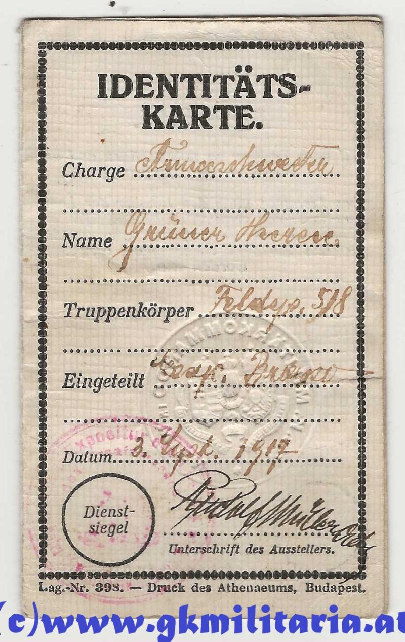 k.u.k. Identitätskarte Krankenschwester Therese Grüner - Feldpost 518 - Brasso!!