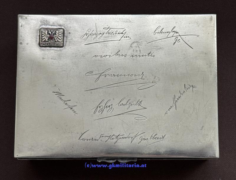 k.u.k. Zigarrendose - Offizielle Kriegsfürsorge - Unterschriften: Kaiser Franz Joseph I., Erzherzog Eugen, Erzherzog Carl usw.!