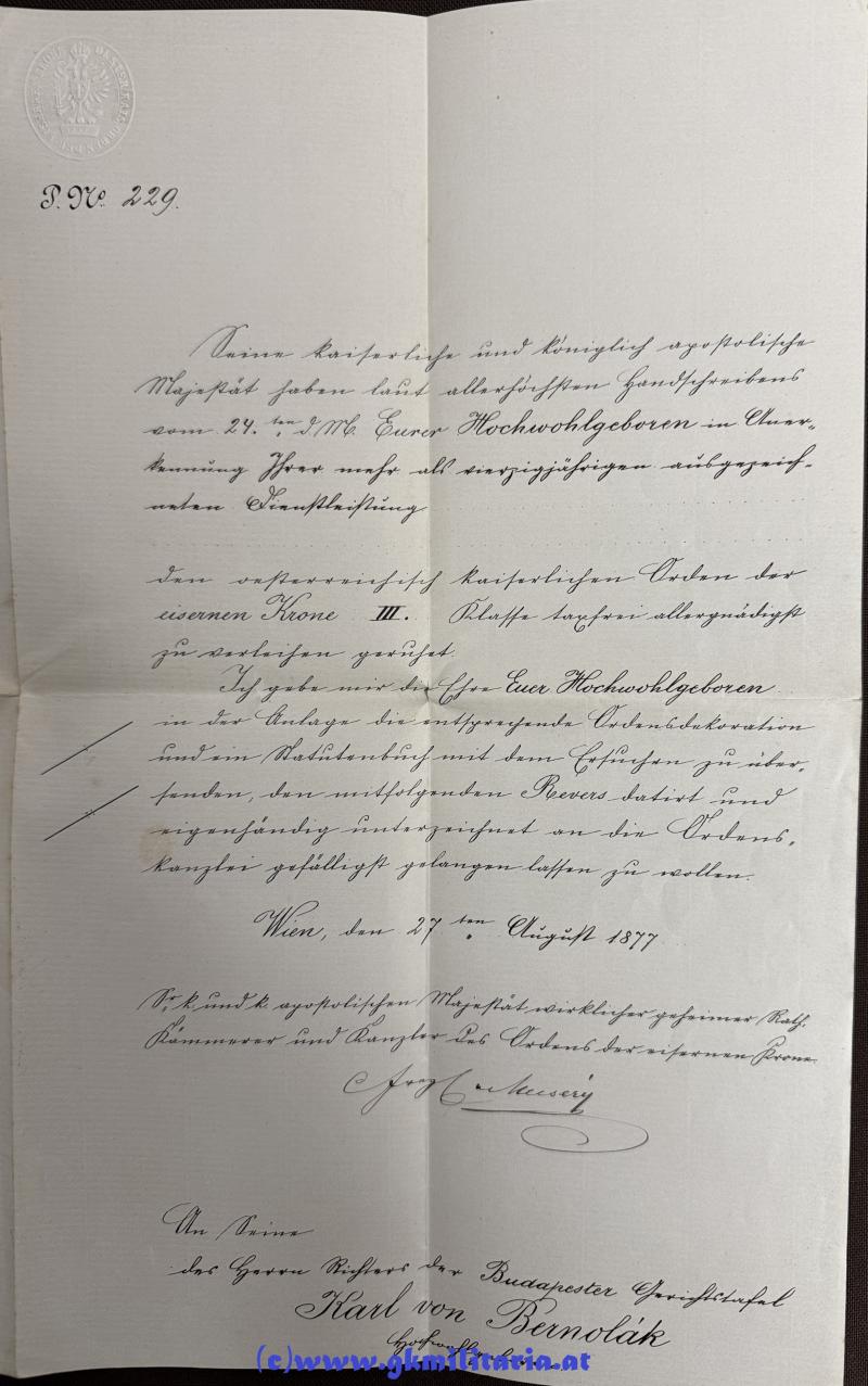 Dekretnachlass Richter der Budapester Gerichtstafel Karl von Bernolak - Verleihung Eiserne Krone III. Klasse - 1877 !!