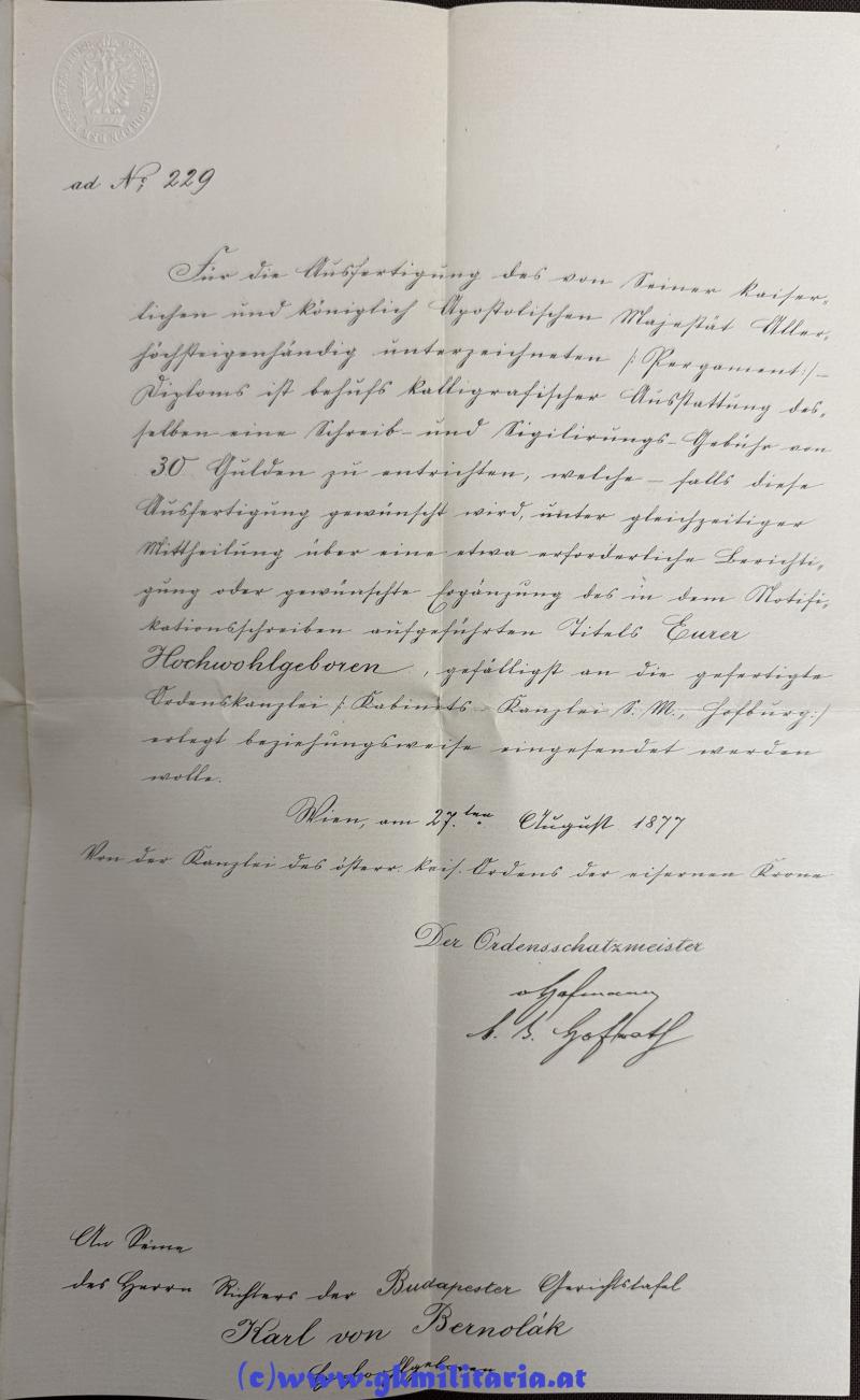 Dekretnachlass Richter der Budapester Gerichtstafel Karl von Bernolak - Verleihung Eiserne Krone III. Klasse - 1877 !!