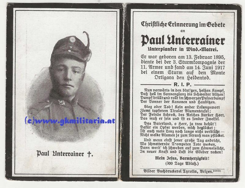 k.u.k. Sterbebild Paul Unterrainer - 3. Sturmkompanie/11. Armee! - Monte Ortigara/Südfront!