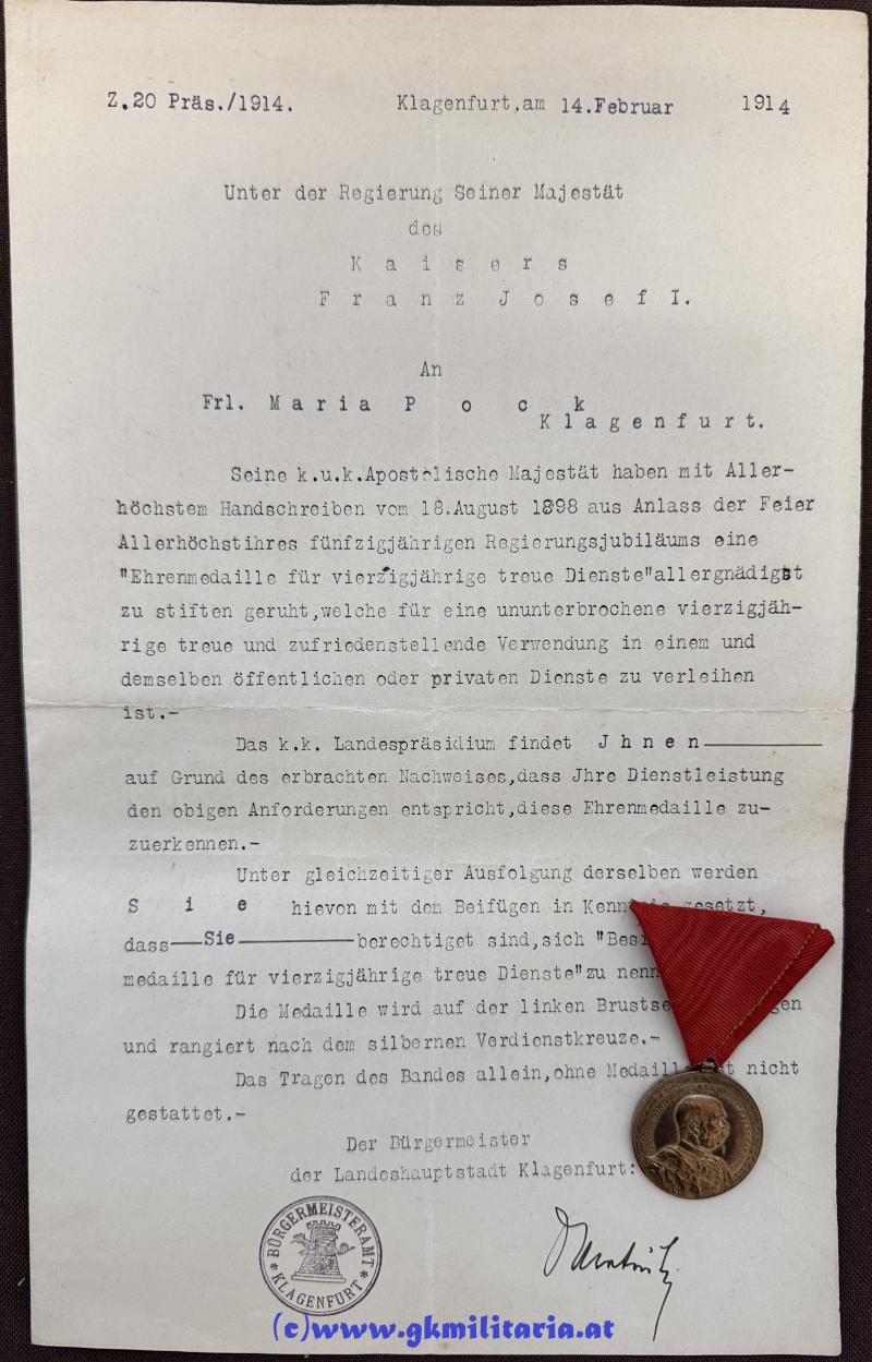 Urkunde und Ehren-Medaille für 40-jährige treue Dienste! - 