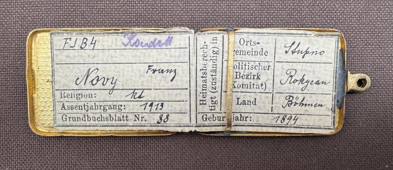 k.u.k. Erkennungsmarke für Offiziere - Kadett Franz Novy - Galizisches Feldjäger-Bataillon Nr. 4 - Rzeszów!!