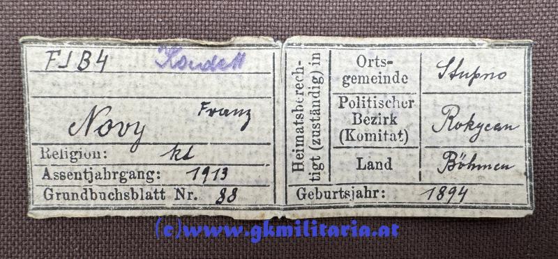 k.u.k. Erkennungsmarke für Offiziere - Kadett Franz Novy - Galizisches Feldjäger-Bataillon Nr. 4 - Rzeszów!!