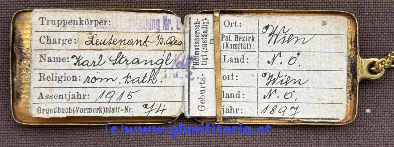 k.u.k. Erkennungsmarke für Offiziere - Leutnant Karl Strangl - k.u.k. Sanitätsabteilung Nr. I. !!