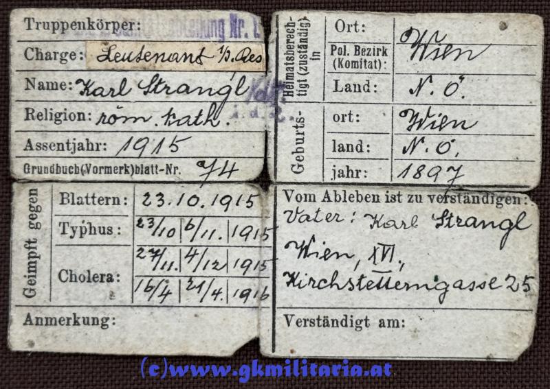 k.u.k. Erkennungsmarke für Offiziere - Leutnant Karl Strangl - k.u.k. Sanitätsabteilung Nr. I. !!