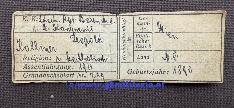 k.u.k. Legitimationskapsel Lepold Kollmer k.k. Landesschützen-Regiment BOZEN Nr. II. !!