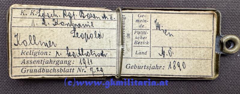 k.u.k. Legitimationskapsel Lepold Kollmer k.k. Landesschützen-Regiment BOZEN Nr. II. !!
