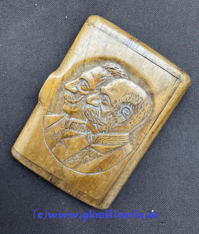 k.u.k. Patriotische Zigarettendose Kaiser Franz Joseph I./Kaiser Wilhelm II. - geschnitzt!!