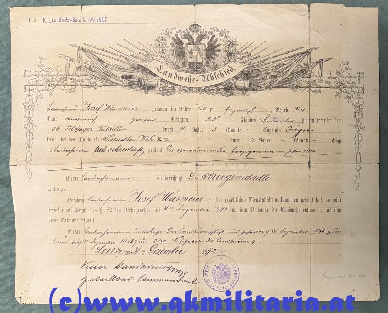 k.u.k. Landwehr-Abschied Landwehrmann Josef Wasmeier k.u.k. 26. Feldjäger-Bataillon und K.k. Landwehr-Bataillon Nr. Wels Nr. 7 !!