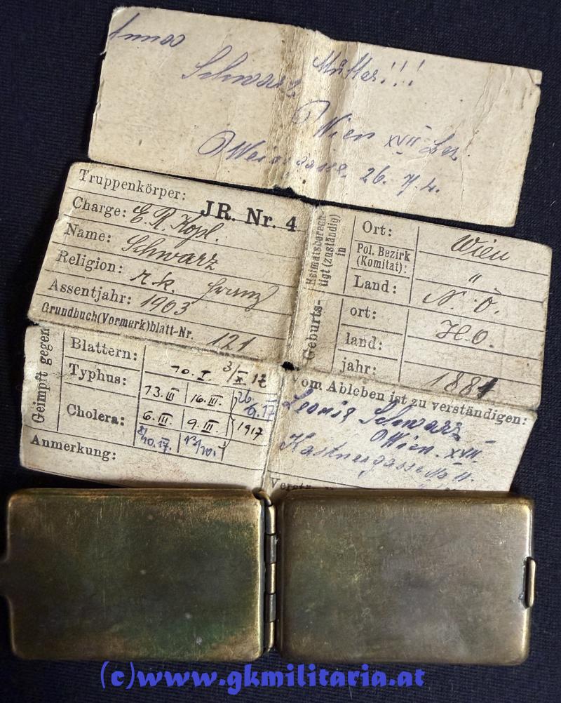 k.u.k. Legitimationskapsel Korporal Franz Schwarz k.u.k. Infanterie-Regiment Hoch & Deutschmeister Nr. 4!!