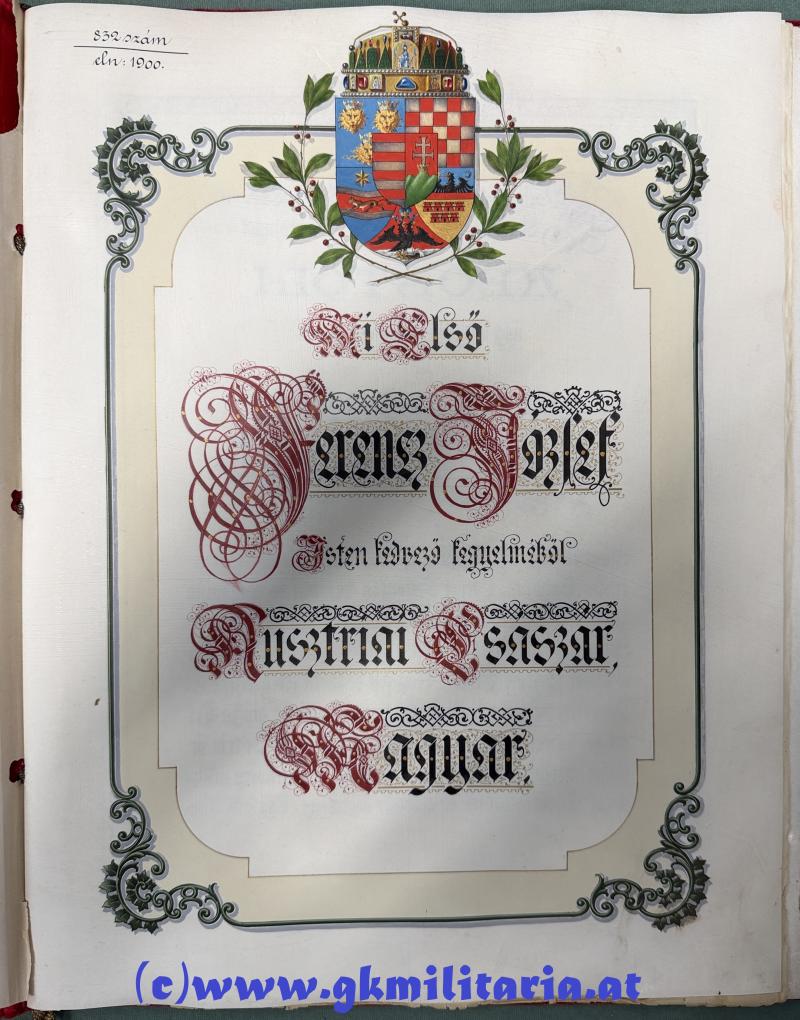 königl. ungarisches Adels-Diplom zugunsten von Oberst Daniel MILIUS VON RASTICEVO Kmdt. Divisions-Artillerie-Regimentes Nr. 34 !!