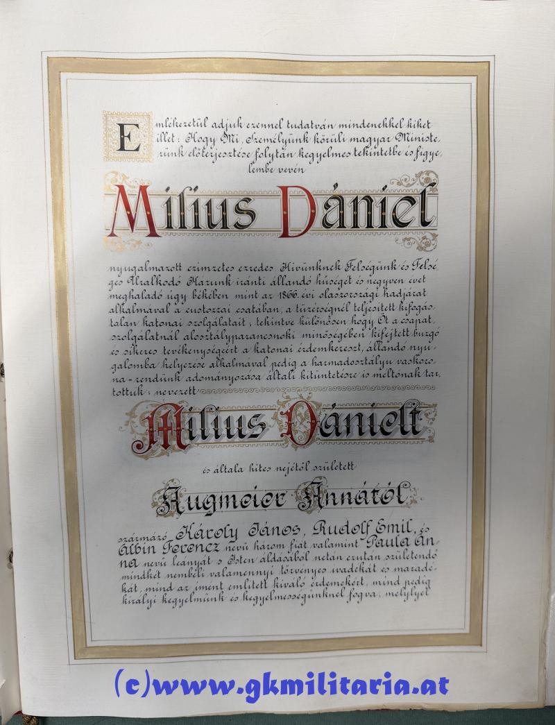 königl. ungarisches Adels-Diplom zugunsten von Oberst Daniel MILIUS VON RASTICEVO Kmdt. Divisions-Artillerie-Regimentes Nr. 34 !!