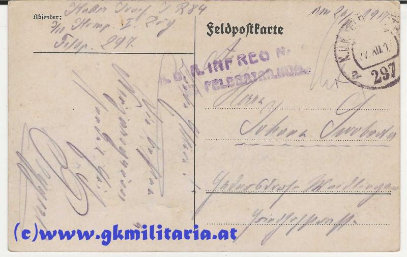 Regimentskarte - k.u.k. Infanterie Regiment Freiherr von Bolfras Nr. 84 -
