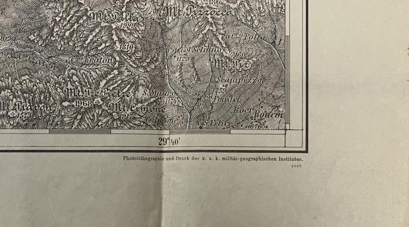 k.u.k. Miltärgeographische Karte Topograhische Detailkarte Pala-Gruppe Südfront! Zugsführer Grünzweig k.u.k. Sperrre Moena Fleimstal!