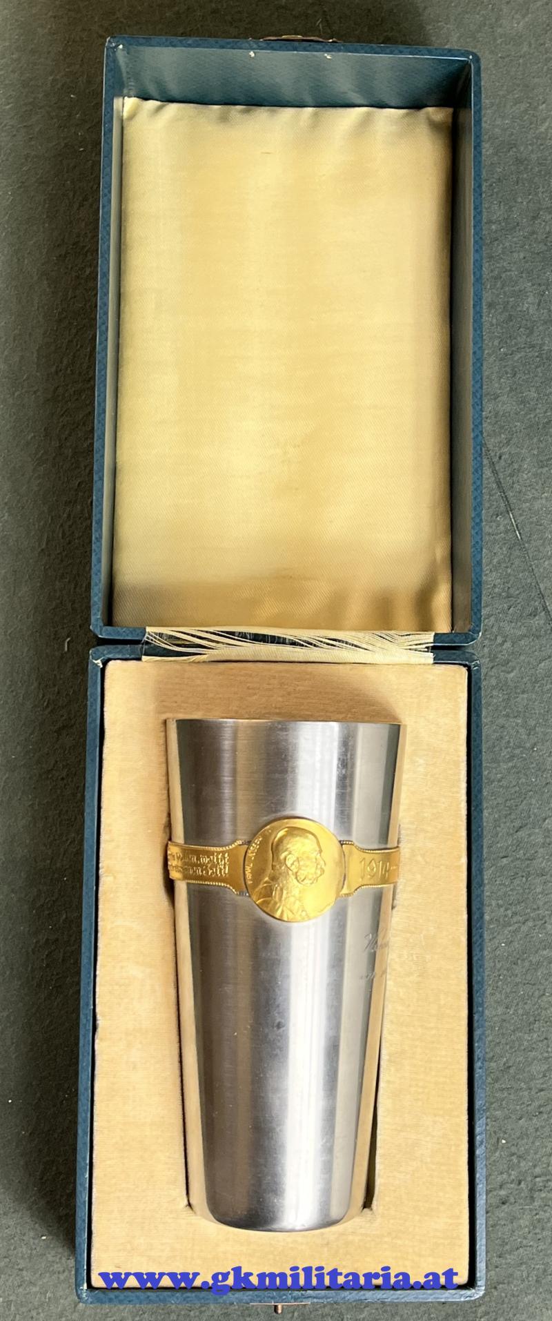 k.u.k. großer Kriegsbecher 1914/15 im Original-Etui - Variante mit Widmung Weihnachten 1915!