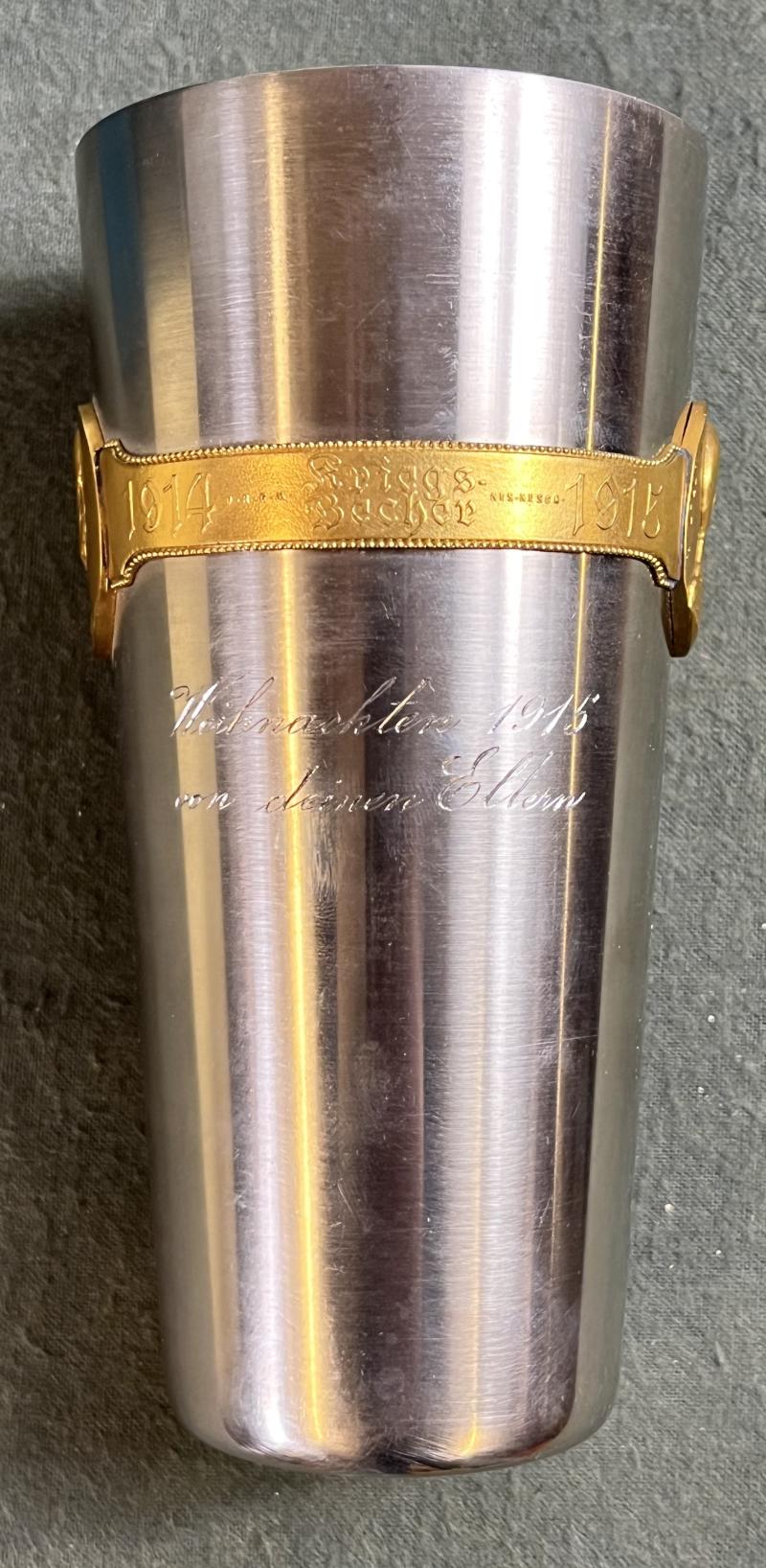 k.u.k. großer Kriegsbecher 1914/15 im Original-Etui - Variante mit Widmung Weihnachten 1915!