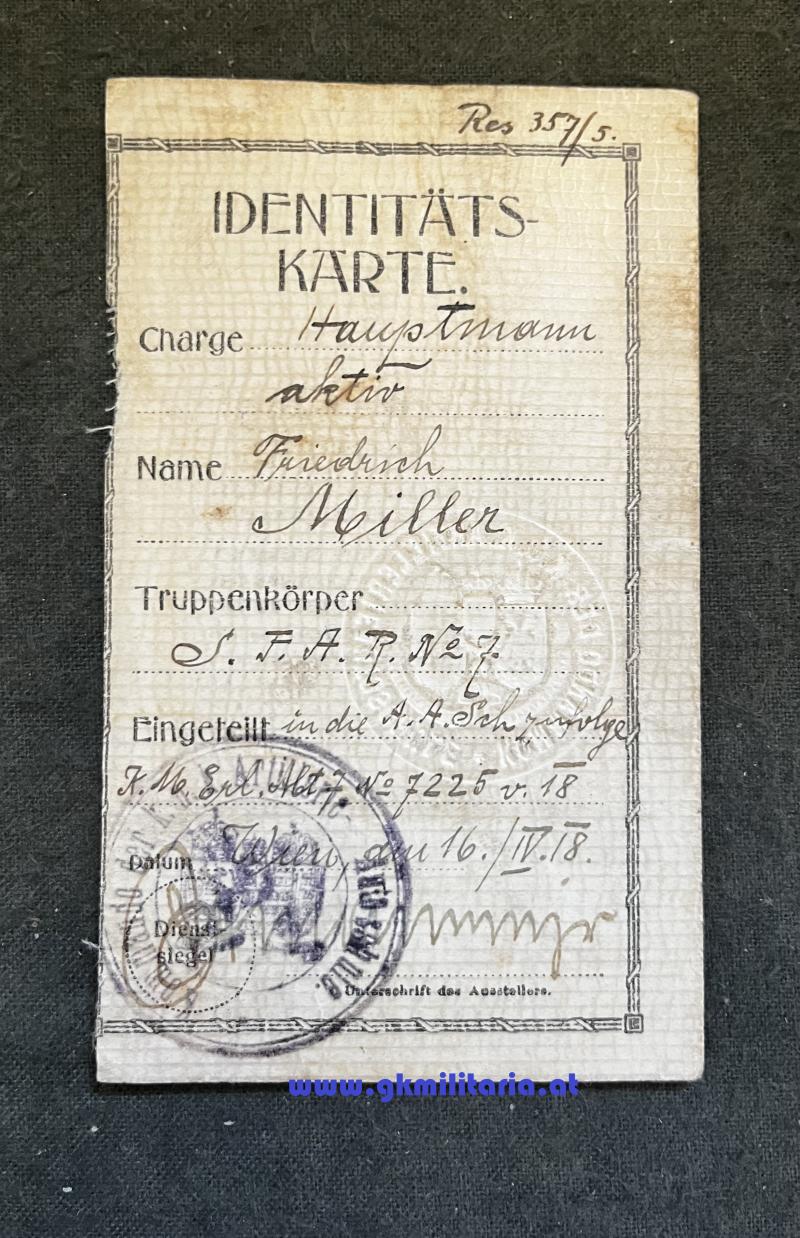 k.u.k. Identitätskarte 1918 - Hauptmann Friedrich Miller schwere Festungs-Artillerie-Regiment Nr. 7