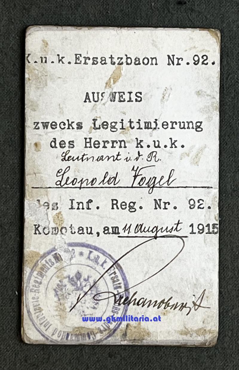 k.u.k. Legitimation Leutnant L. Vogel Infanterie-Regiment 92 - Komotau 1915!!